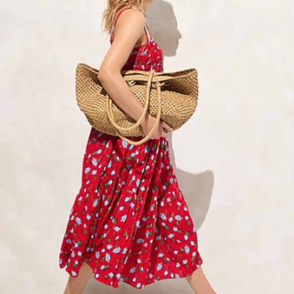 J.CREW 100% Organic Cotton Tiered Dress Red Daisy Tie Back M $168